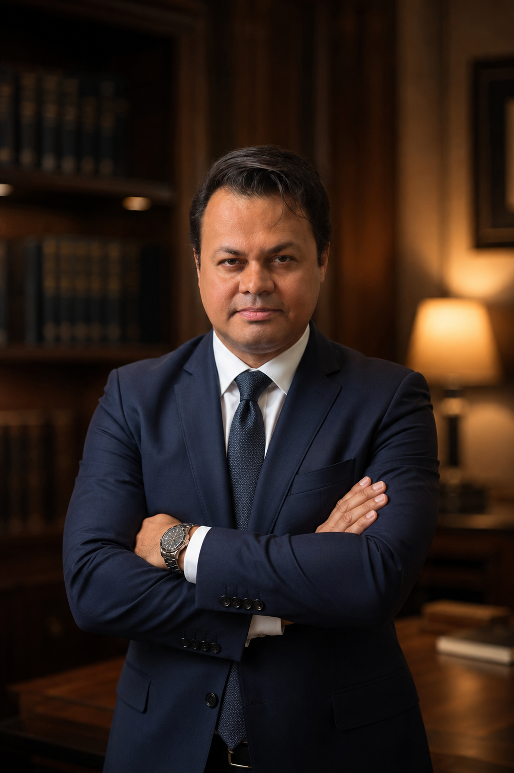 Retrato do advogado Dr. Jackson Correia, OAB/DF 61.228, de terno azul marinho e braços cruzados